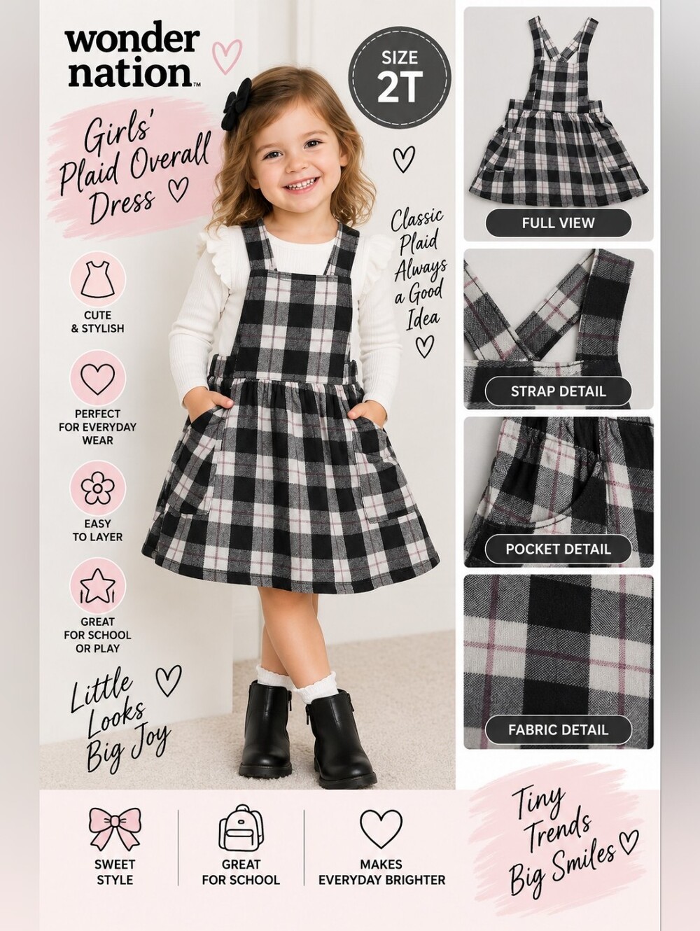 Wonder nation girls 2T black plaid overall dress #07